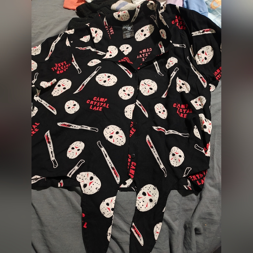 Black Horror-Themed Button-Up Shirt